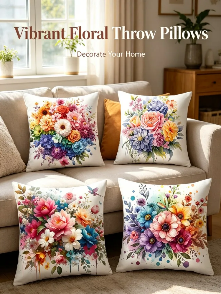 Bright Rainbow Color Blossom Floral Pillowcase Set Art Watercolor Flower Print Square Couch Cushion Covers for Living Room Bedro