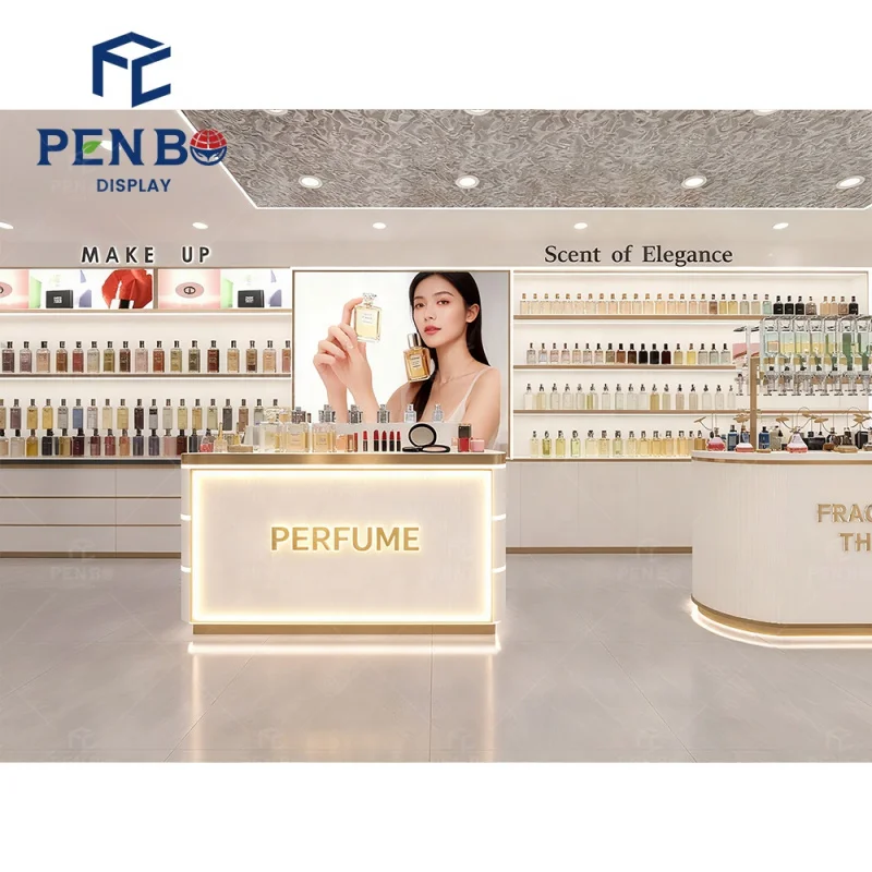 custom.Luxury White Fragrance Perfume Store Display Cabinet With Accents High End Arabic Perfume Kiosk Showcase Mall