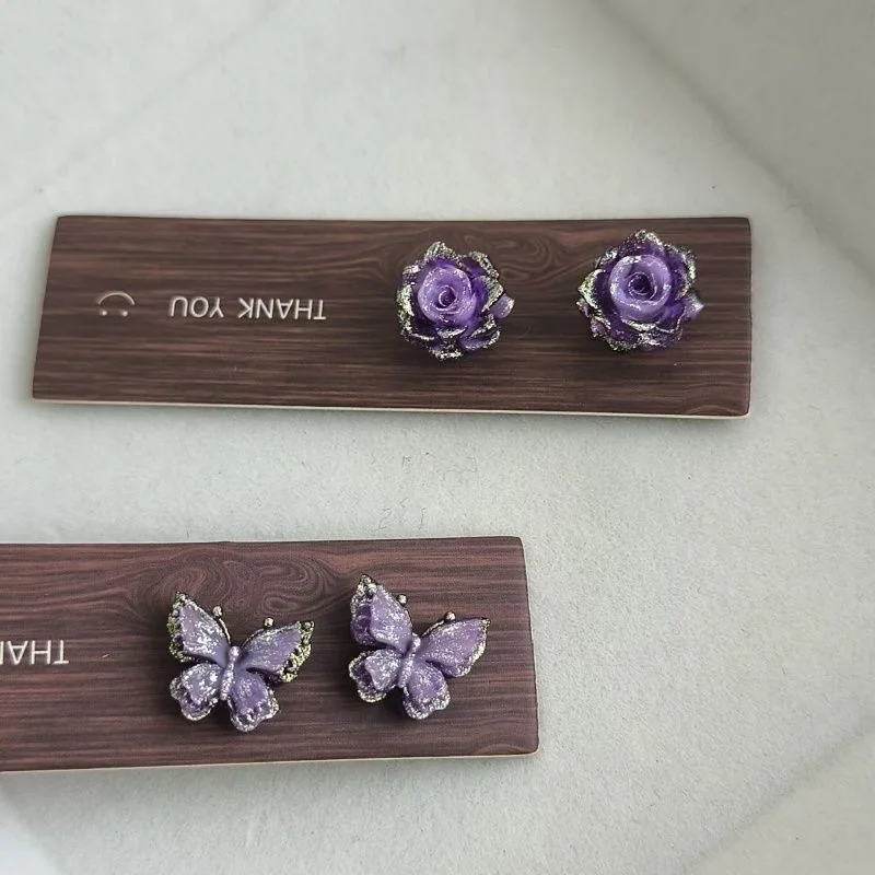 Magnetic Clip On Earrings No Piercing Butterfly Rose Flower Vintage Retro Purple Metal for Women Hypoallergenic Jewelry Gift