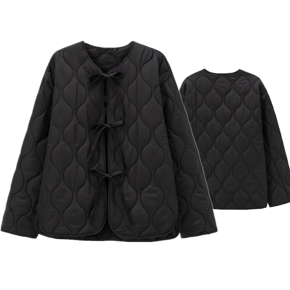 

Dave&Di 2024 Autumn Winter Minimalist Parka Coat Women Fashion Ladies Retro Bow Tied Black Jacket