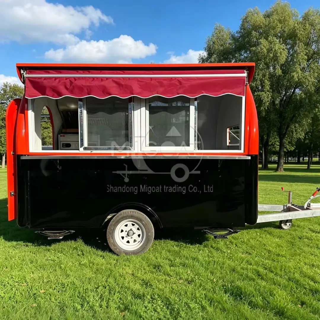 

Red & Black Curved Mobile Food Trailer with Awning, Commercial Food Truck for Fast Food & Street Vending