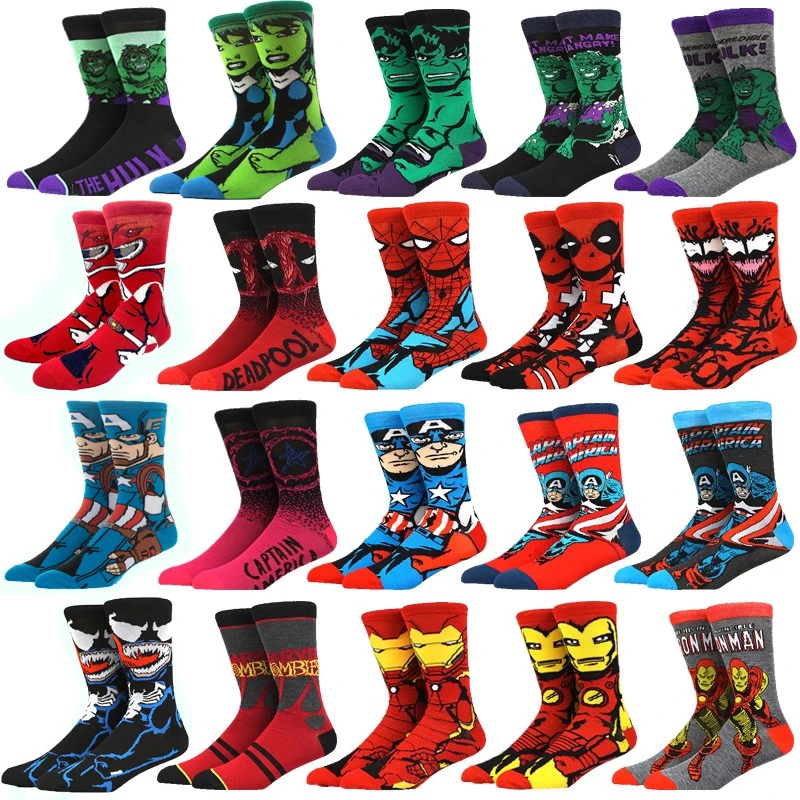 10 Pairs of Men\'s Fashionable Cartoon Anime Superhero Pattern Outdoor Sports Socks Soft and Comfortable Pressure Socks