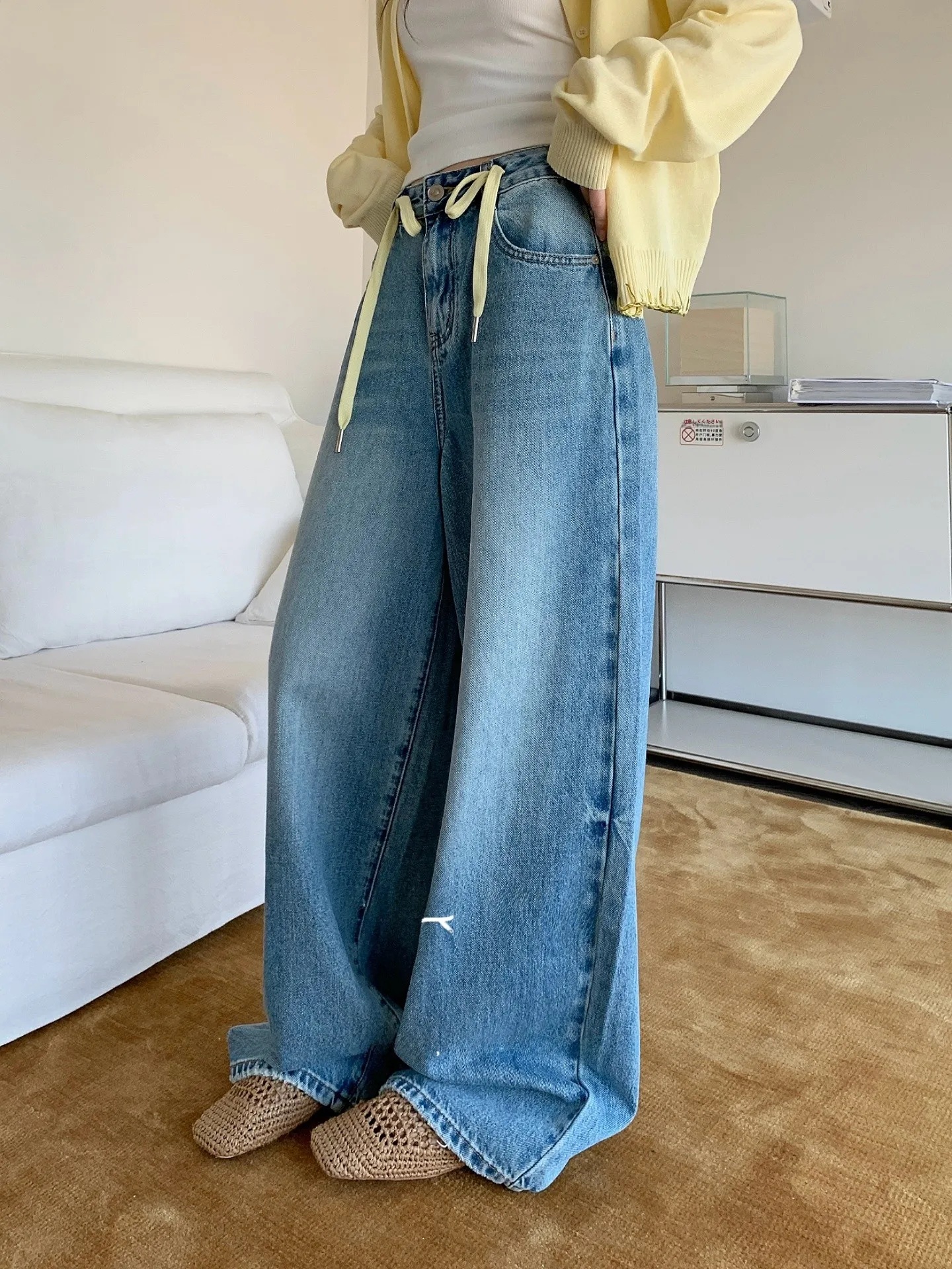 

Свободные джинсы с широкими штанинами и цветными вставками, с высокой талией, весна-лето, новые, женские, удобные повседневные брюки