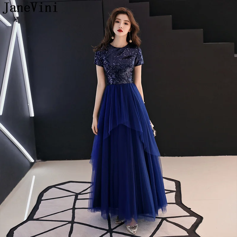 

JaneVini Navy Blue Sequined Top Bridesmaid Dress for Weddings 2022 Long A Line Tulle Women Formal Party Gowns Vestido Largo