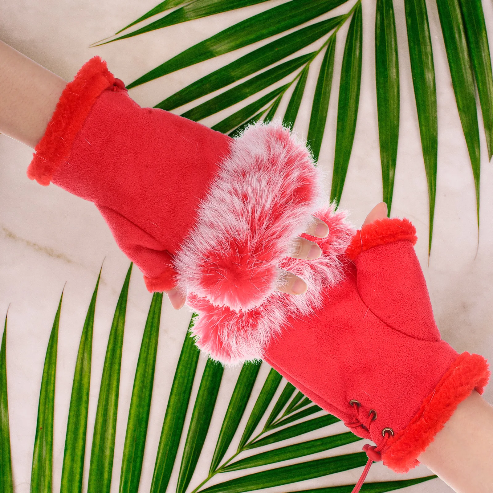 

1 Pair Half Finger Rabbit Thermal Gloves Warm Suede Mittens For Cycling Hiking Winter Outdoor Driving Touchscreen Use