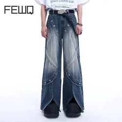 FEWQ Metal Zipper Design Wide Leg Jeans Washed Metal Decoration Design Men Pants Bottom Slit Male Trousers Streetwear