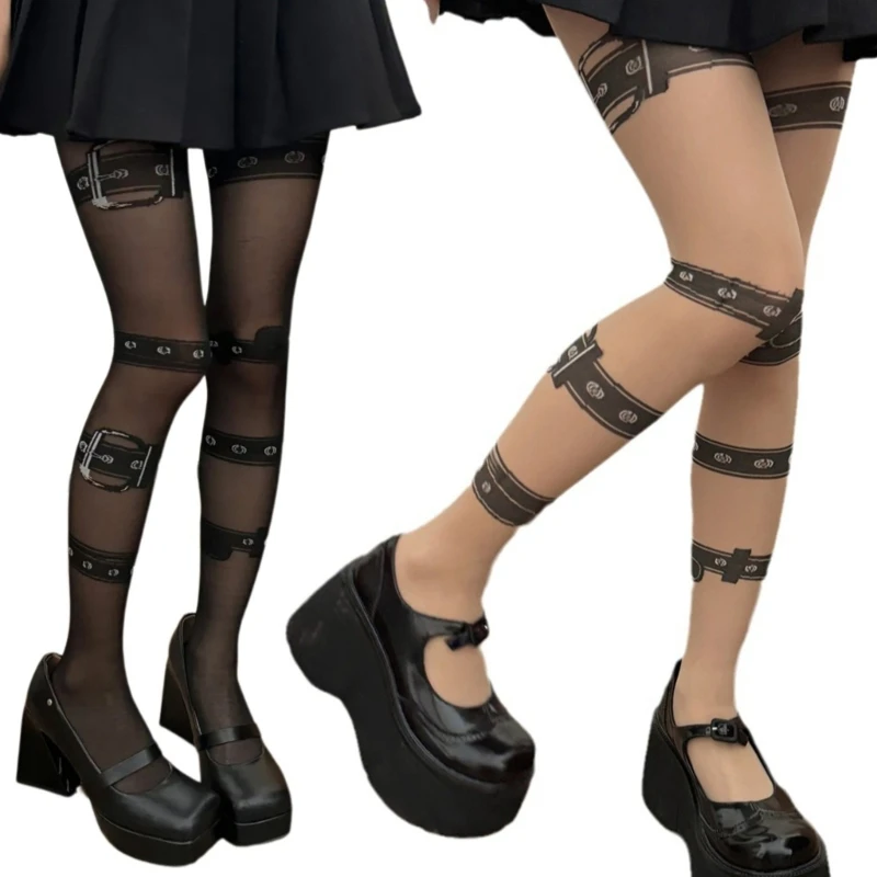 

Faux Thigh Garter Belt Tights for Women Cosplay Nightclub See Through Pantyhose H7EF