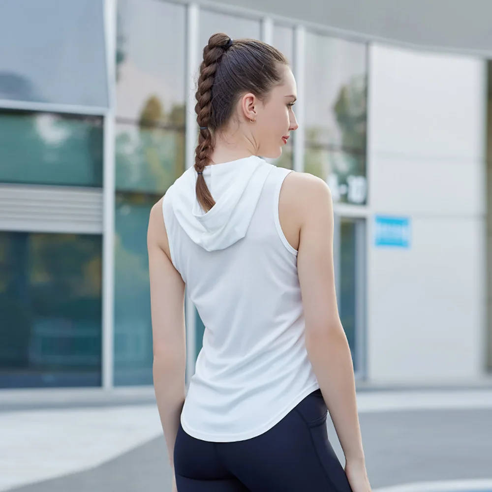 여성 운동 후드 탱크 요가 탑 러닝 셔츠 빠른 건조 체육관 민소매 탱크 탑 후드 운동 운동복
