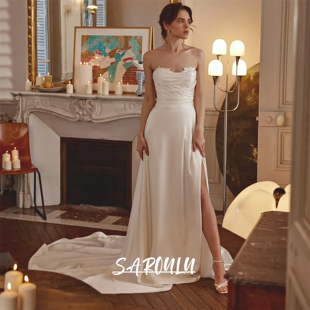 

Modern Satin Sheath Wedding Dress for Bridal 2025 Strapless Lace Bride Dresses Affordable Court Train Bridal Gown Customized