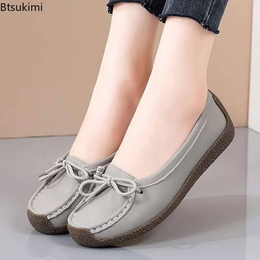 2026 New Mom Shoes Comfortable Cow Tendon Sole Women's Flats Anti Slip Shallow Mouth Soft Soled Pumps Solid Lace Up Casual Shoes