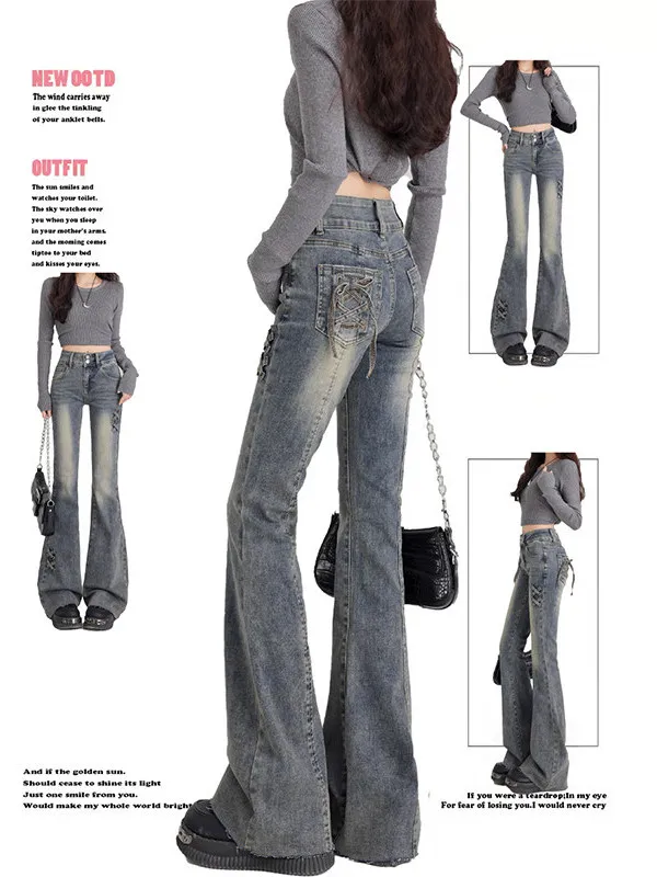 

Retro Flared Denim Jeans Women's Autumn Winter New Small Size Slimming Knot Tie Design Hoof Pants