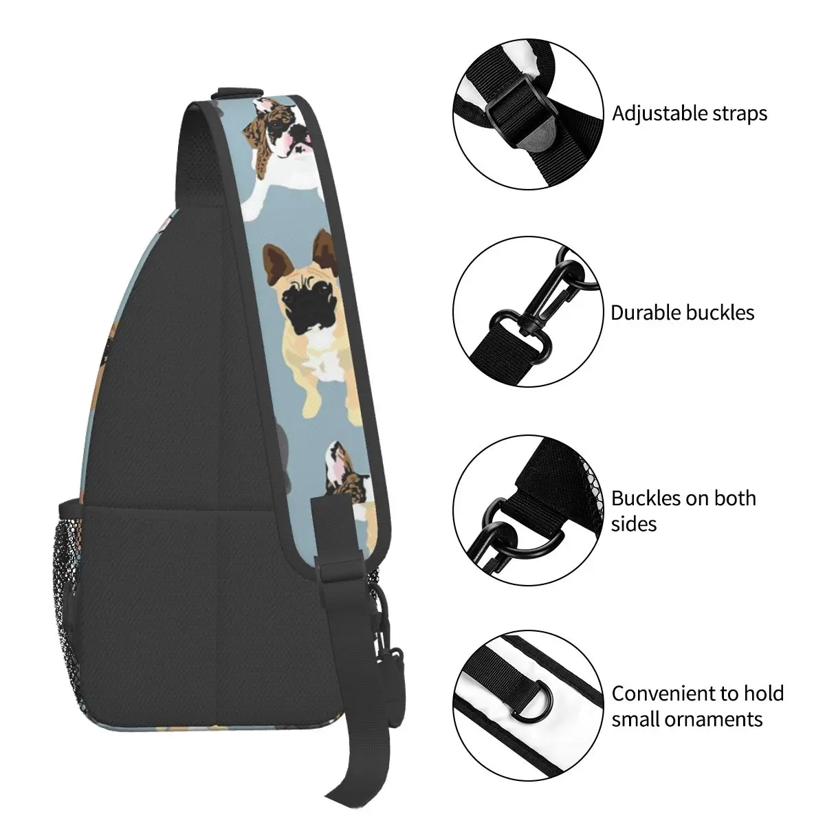 French Bulldogs Crossbody Sling Bag Fashion Chest Bag Love Puppy Animal Pet Shoulder Backpack Daypack Travel Hiking Cycling Bag