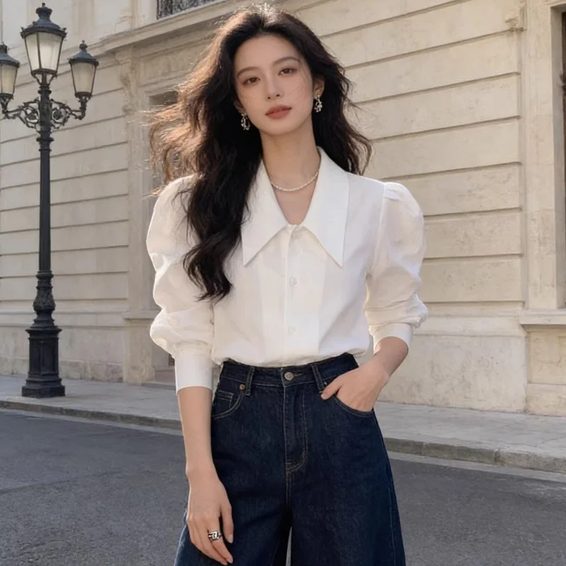 Spring Summer Women White Pointed Collar Shirt  Puff Bubble Sleeve Loose High-End Texture All-Match Chic Daily Top