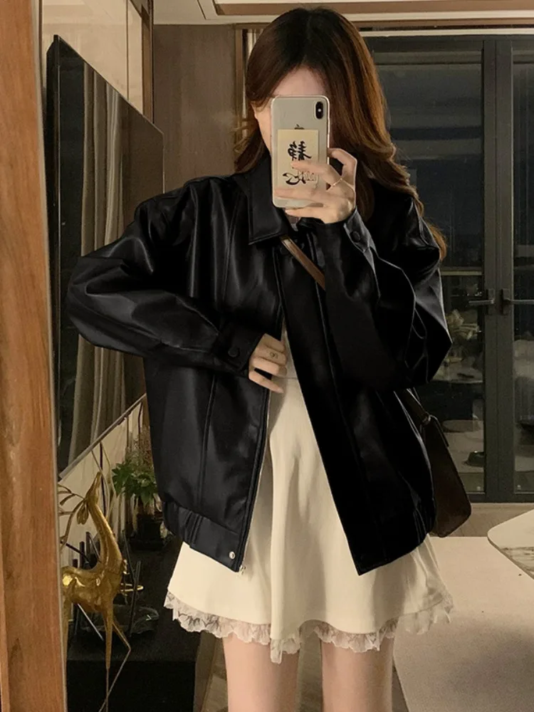 Kumikumi المرأة فضفاضة تناسب سستة بولي Leather الجلود Jaet Bla التخسيس تنوعا الخريف أعلى جودة المواد مريحة Sle