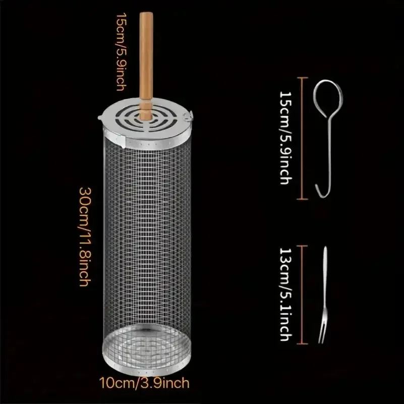 Round Barbecue Grill Basket Set, Stainless Steel Rolling BBQ Cage, Wire Mesh Cylinder Grilling Rack, Outdoor Camping Essential - view 2