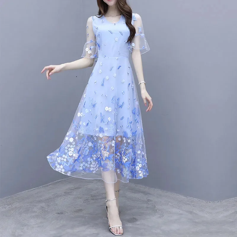 Women Embroidery Medium long Dress 2024 New Super Fairy Long Fairy Skirt Summer Western Style High-end Mesh Skirt A Word Dress