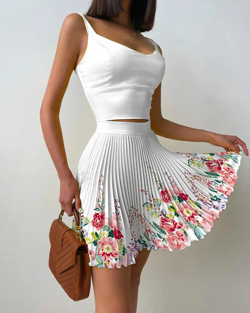 Set Woman 2 Pieces Summer New Printed Slim High Waist Short Skirt Set Camisole and Pleated Skirt Setof Holiday Party Women Skirt