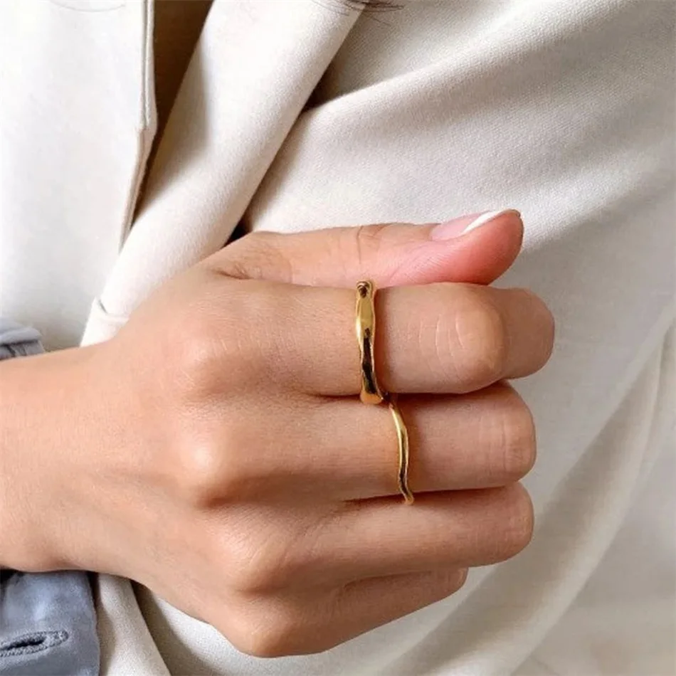 Stainless Steel Golden Color /Silver Color Irregular Wave Rings Trendy Simple Geometric Handmade Jewelry for Women Couple Rings