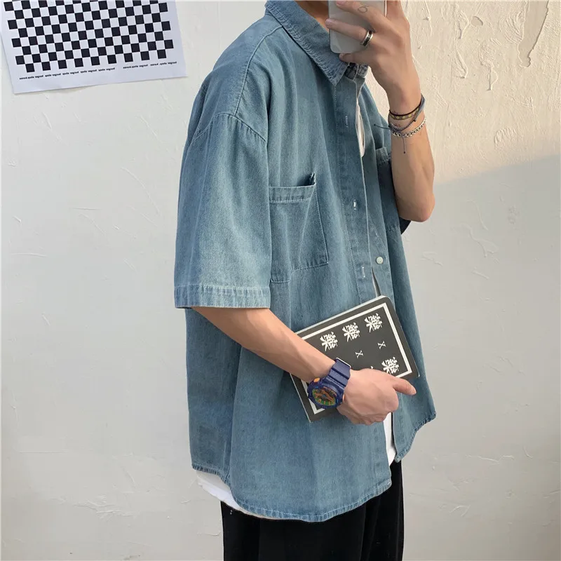 Camisa denim manga curta masculina, streetwear de harajuku, tops com bolsos de botão, casacos largos vintage masculinos, camisas de casal jean, verão, 2022