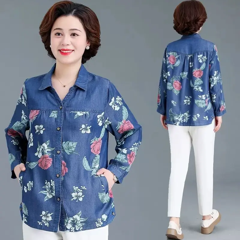 Floral Printed Denim Blouse Nine Quarter Sleeve Top 2024 New Middle And Elderly Women Loose Casual Button Cowboy Shirt 5XL