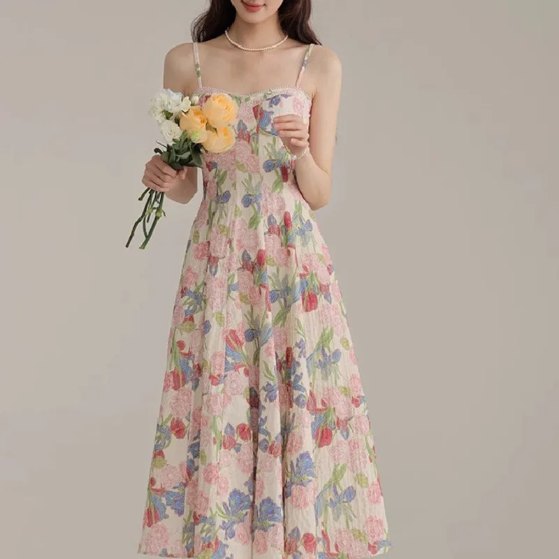 Vestido largo Retro con estampado Floral para mujer, traje con cuello Halter, estilo veraniego