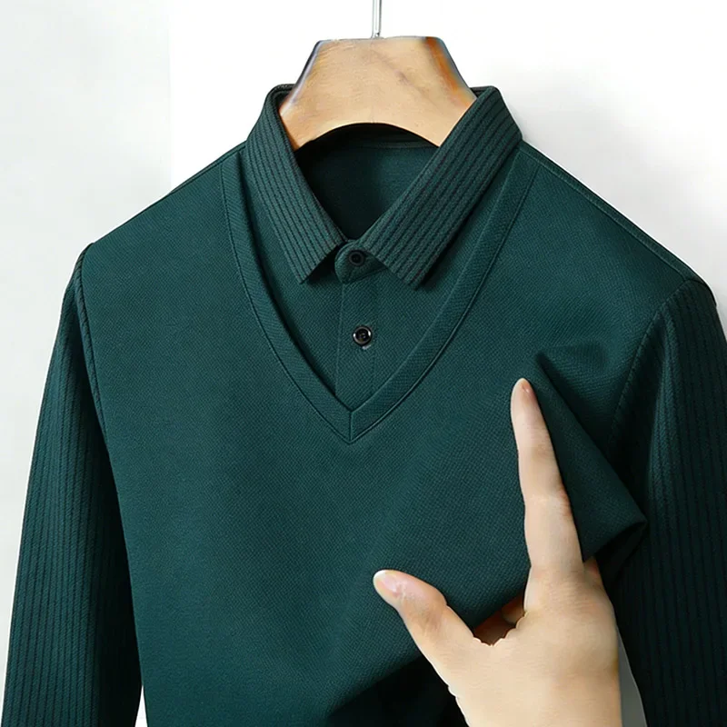 Chemise à col en V à manches longues pour homme, effet deux pièces, rayée kaki, décontractée, tendance, tissu doux, à porter au quotidien