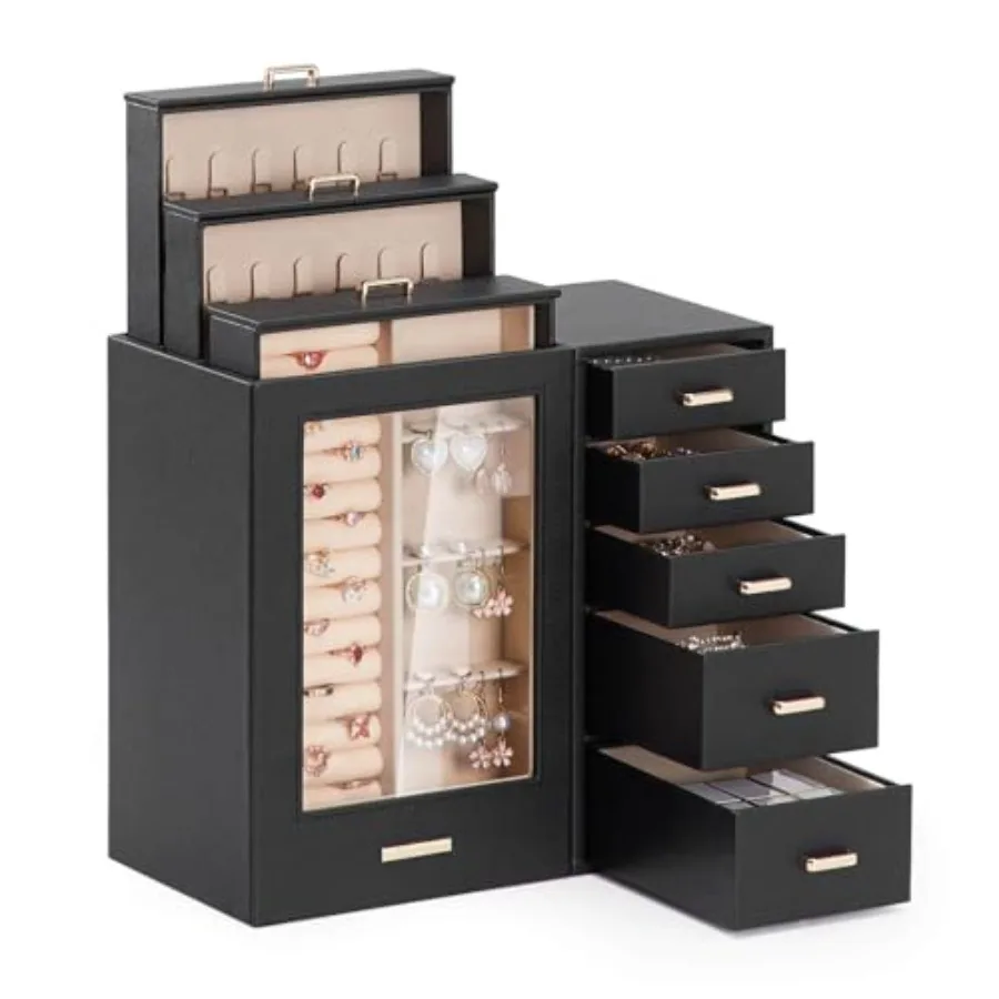

Large Jewelry Box/Organizer/Case with Glass Window Drawers for Necklaces Earrings Rings Bracelets Watches Gift for Women Girls