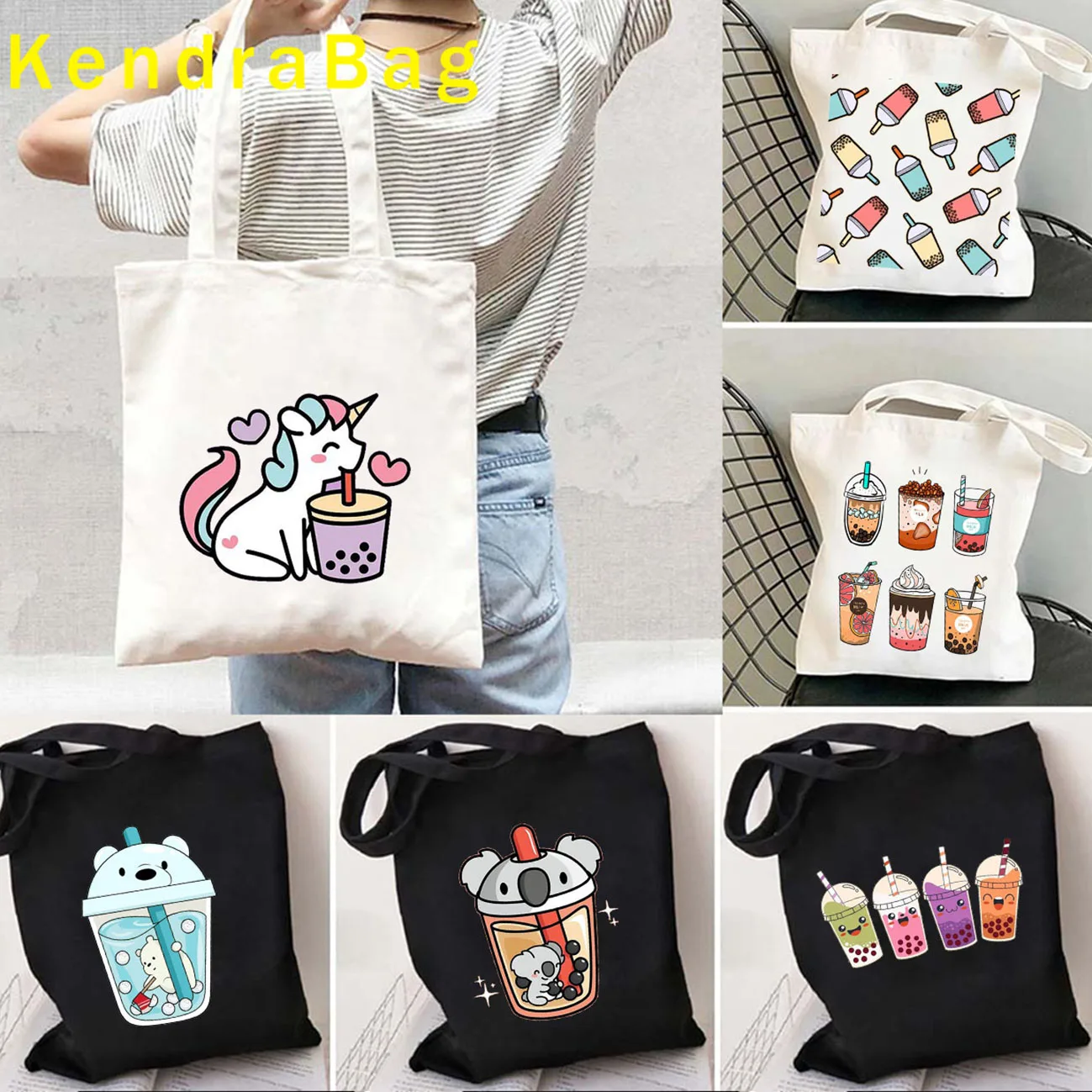 

Cute Cartoon Pearl Milk Tea Lover Gift Girl Boba Bubble Teas Decal Kpop Canvas Shoulder Tote Bag Harajuku Shopper Cotton Handbag