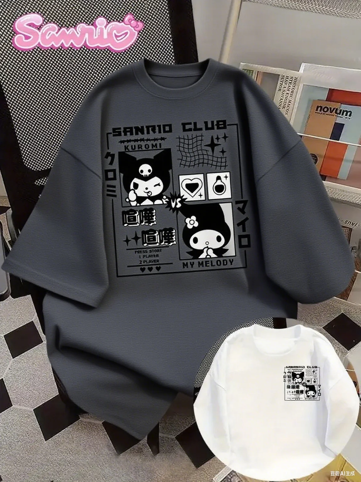 تي شيرت Sanrio Club القطني مطبوع عليه رسومات Kuromi and My Melody مع نص ياباني عصري على طراز الألعاب من القطن الخالص للمحبي
