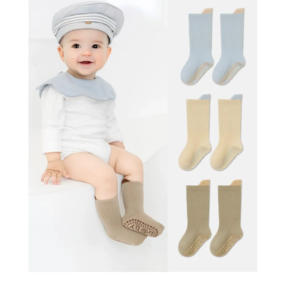 

5 Pairs Kids Non-Slip Socks Cute Solid Color Cotton Childrens Boys Floor Socks Comfortable for Toddler 0-8Y