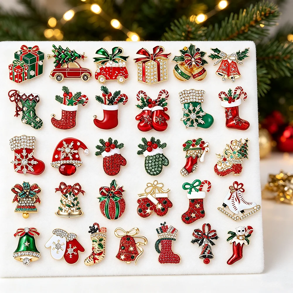 Christmas Brooches Pins Gift Enamel Crystal Rhinestone Brooch Christmas Tree Truck Gift Box Sock Bell Boot Holiday Decorations