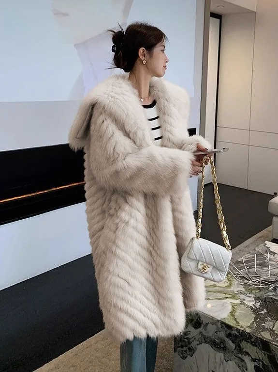 

Womens Navy Collar Fox Fur Coat Winter Thick Warm Fleece Lined Loose Fit Slimming Faux Fur Jacket Fashion Outerwear