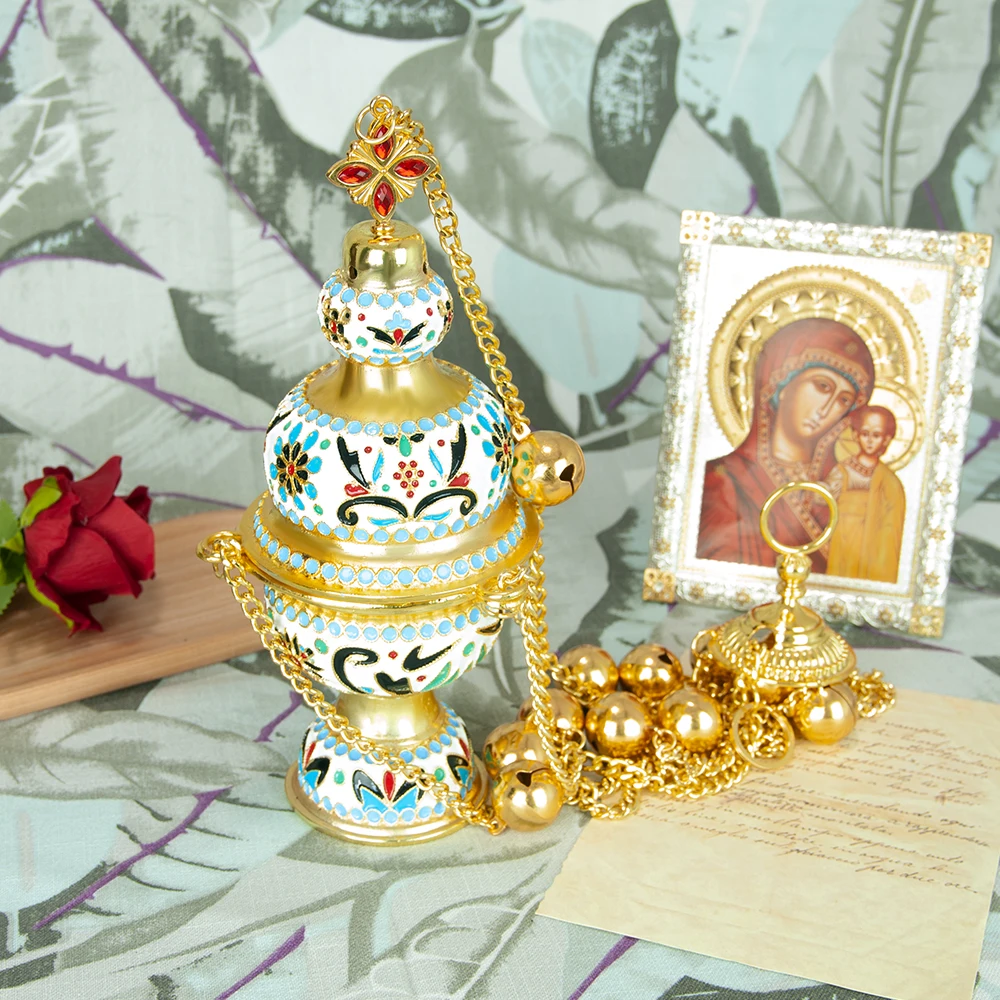 

Church Product Gold Plated Colorful Enamel Orthodox Incense Burner Long Chain With Bell Church Home Decorative