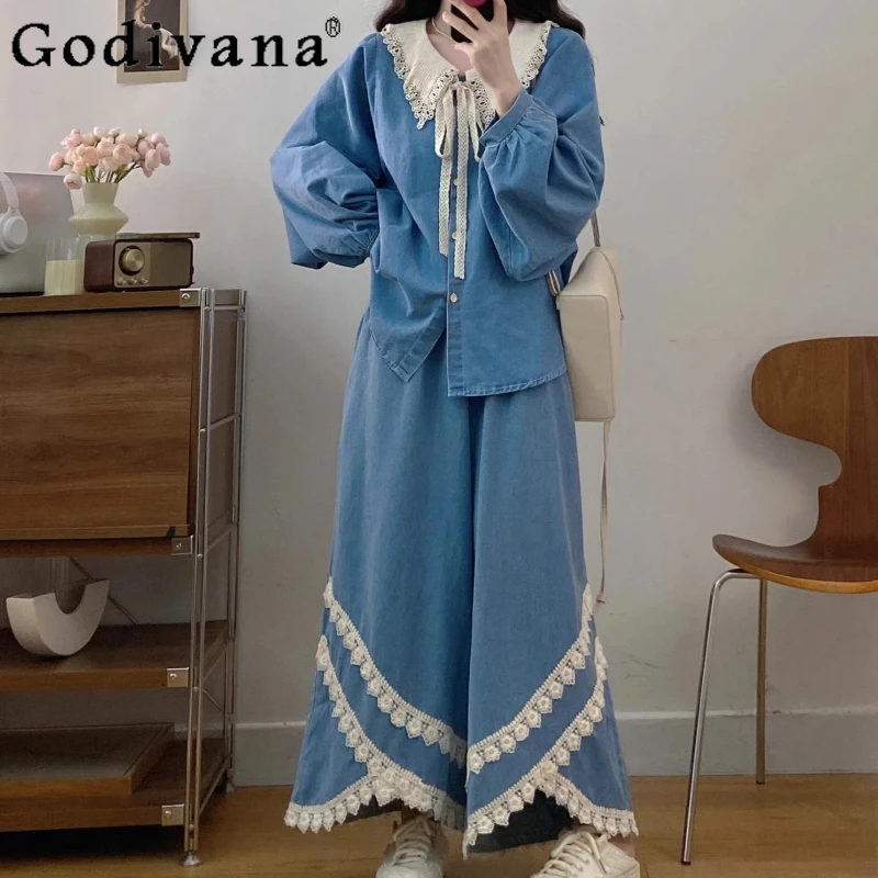 

Large Size Girl Blue Sweet Peter Pan Collar Loose Long Sleeve Denim Shirt Spring Autumn Lace Wide-leg Trousers Two-piece Set