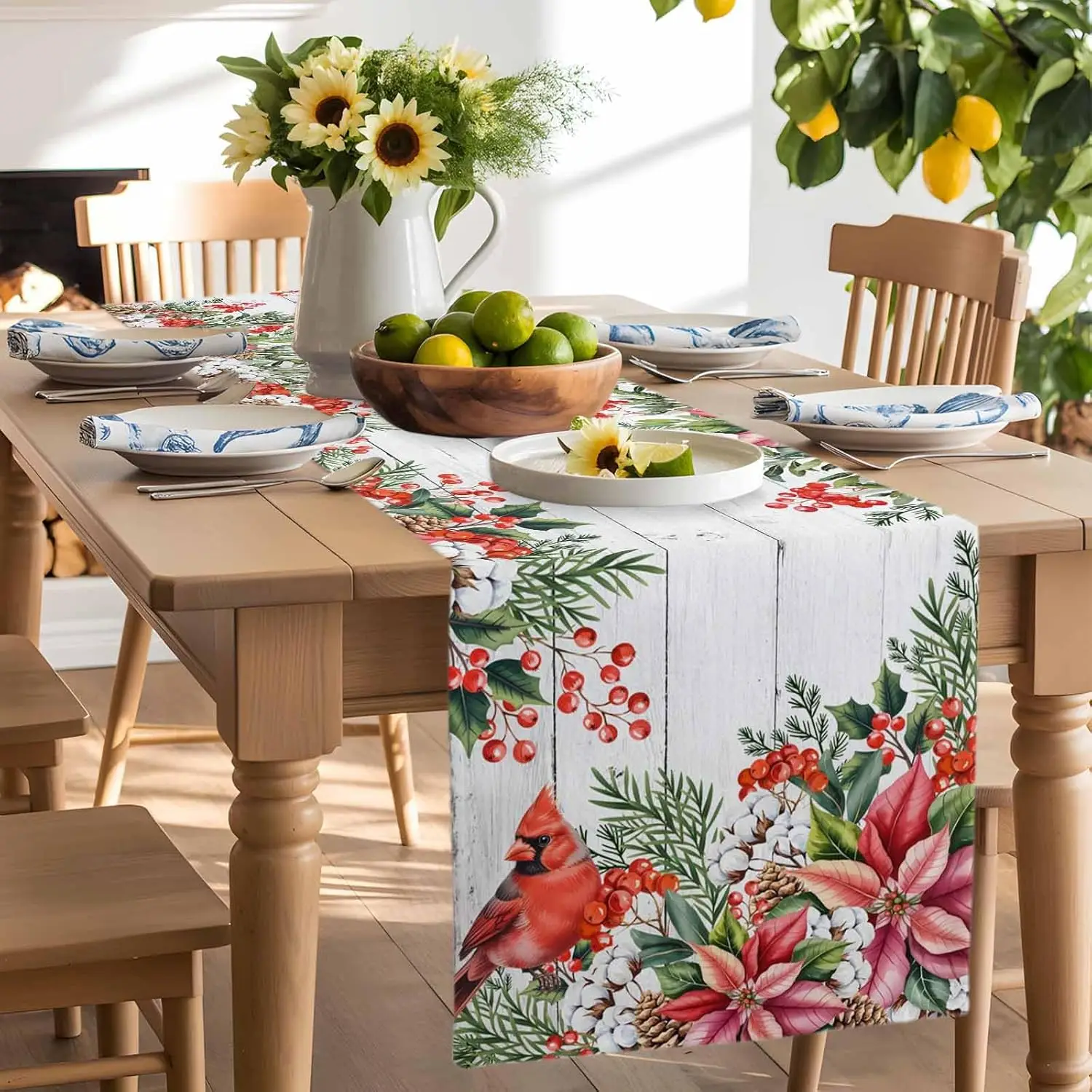 Christmas Poinsettia Berry Pinecone Linen Table Runner Party Decor Winter Birds Wood Dining Table Runners Christmas Decorations