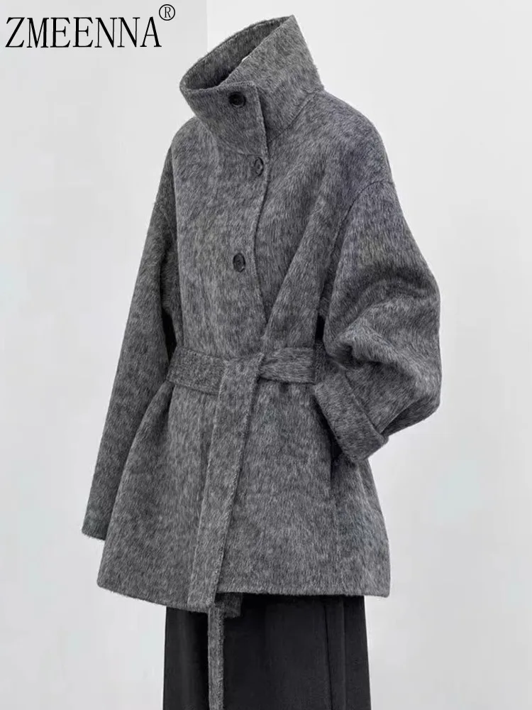 

ZMEENNA Women's Gray Wool Blend High Collar Belted Short Coat With Drop Shoulder Sleeves Stylish Warm Outerwear Casual ZM3505