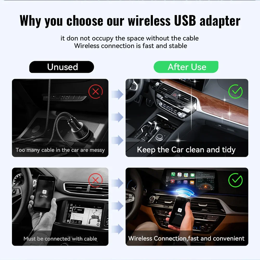 Adaptador Auto Android CarPlay sem fio, Mini Carplay, Auto Box Dongle, Plug and Play, 5G WiFi, BT para carros com fio de fábrica, 2 em 1