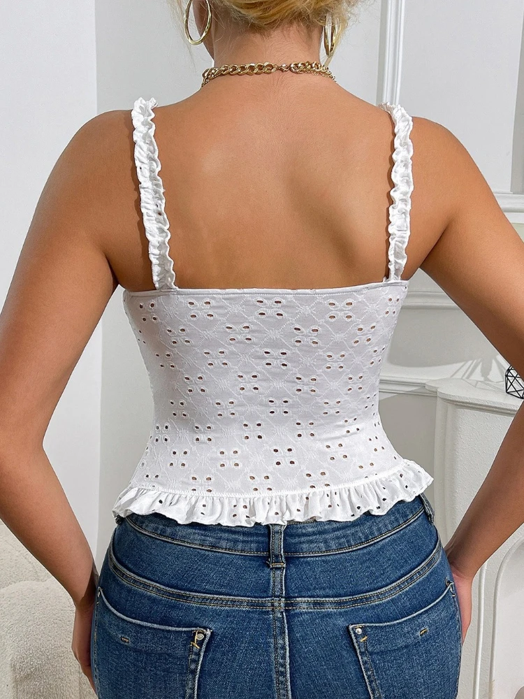 SsTss Stickerei Spitze Aushöhlen Camis Top für Frauen Sommer Weiß Geraffte Spaghetti Strap Ärmellose Dünne Süße Weibliche Tank Tops