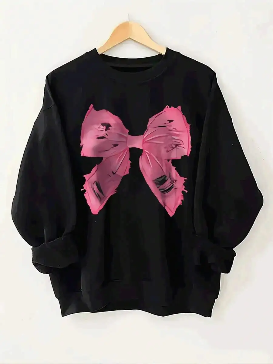 Daily Casual Women Relaxed‑Fit Pullover Sweatshirt, Fleece‑Lined Crew Neck Long‑Sleeve Top In Vibrant Red, Pink Floral Bow Print, Machine Washable For Home And Street Outfits