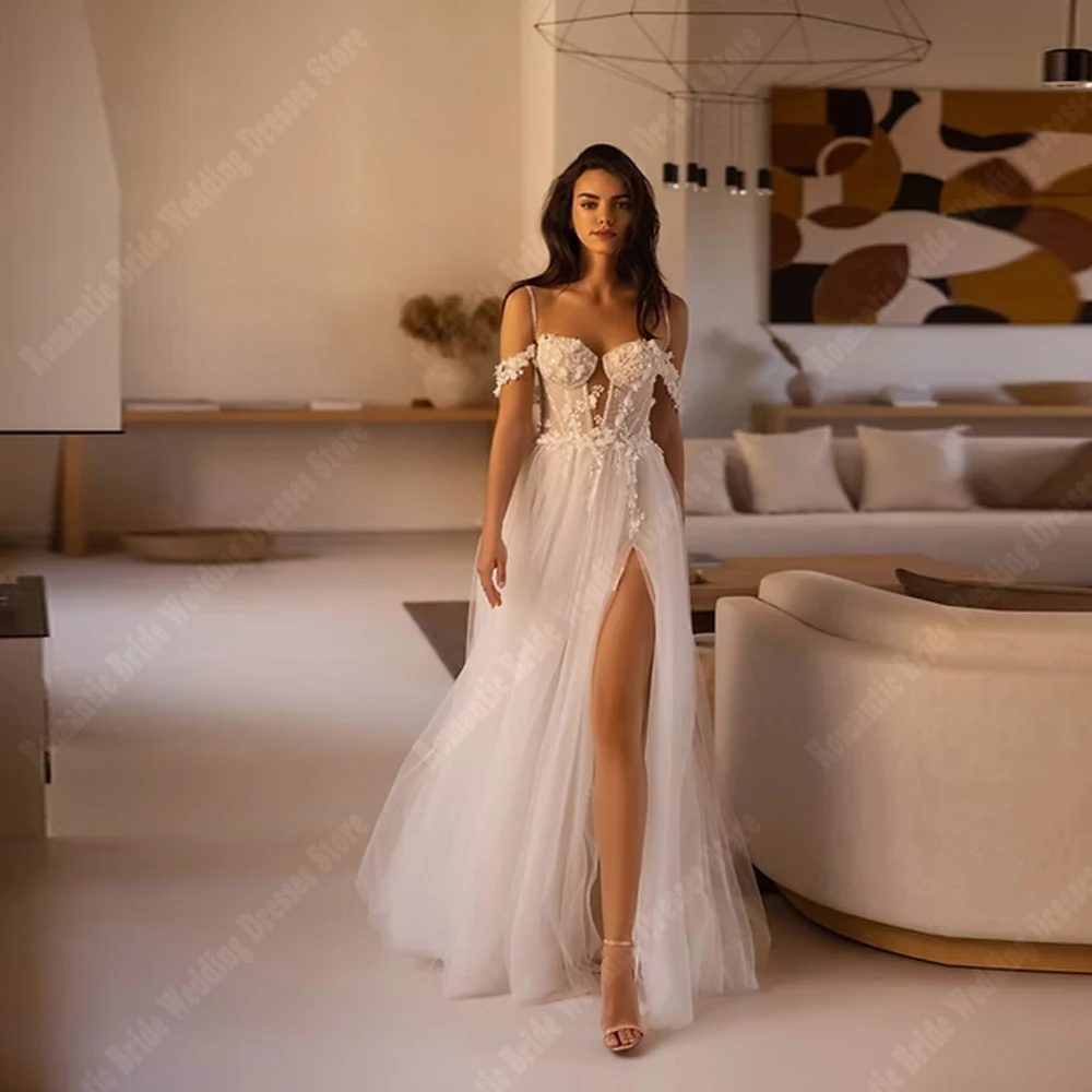 Eleganckie suknie ślubne damskie w kształcie litery A na rok 2024, z odkrytymi ramionami, koronkowymi aplikacjami, suknie ślubne szyte na miarę, bez rękawów, sukienki na przyjęcie, Vestido De Novia