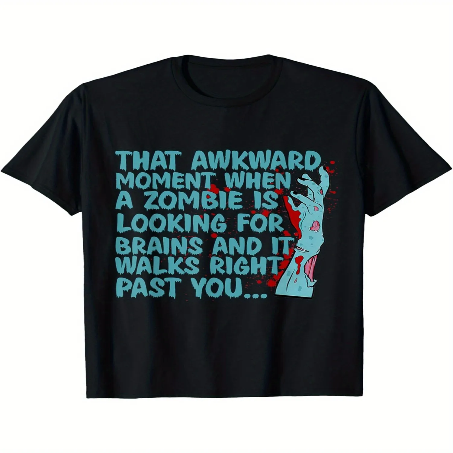 Men's Funny Zombie Apocalypse T-Shirt - Turquoise Zombie Handprint _When Zombies Look for Brains_ Slogan - Soft Crew Neck Casual Tee, Short Sleeve Horror Shirt for Zombie Fans, All-Season Wear ( Retro Graphic Shirt, Holiday Tshirt