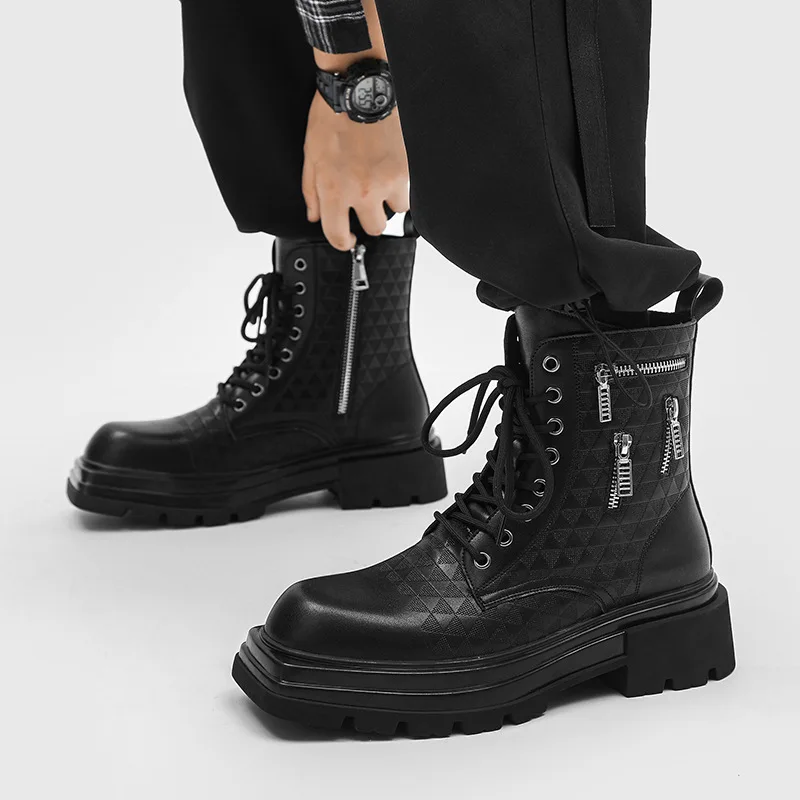 

Mens Fashion Patent Leather Boots Brand Designer Shoes Stage Nightclub Dress Cowboy Platform Boot Handsome High Motorcycle Botas