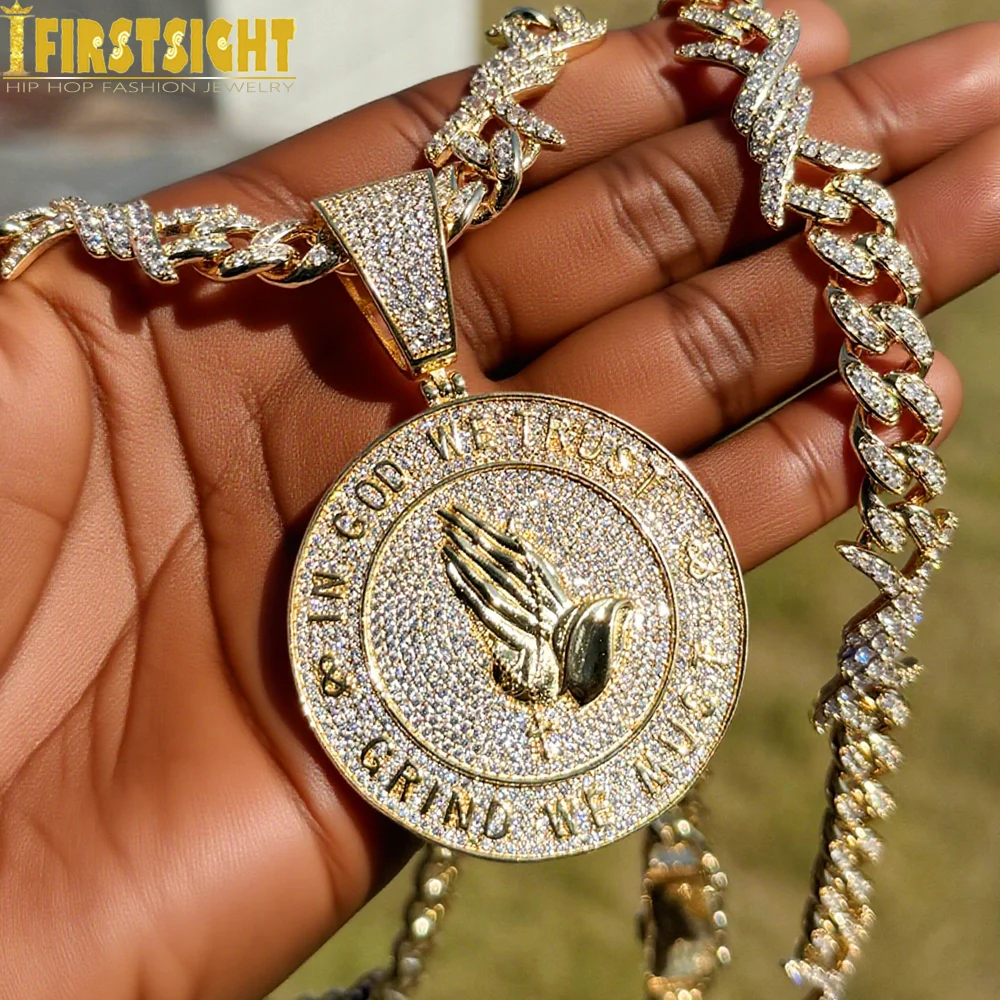 New Iced Out In God We Trust Pendants Necklace Bling CZ Cubic Zirconia Praying Hands Round Charm For Men Women Hip Hop Jewelry