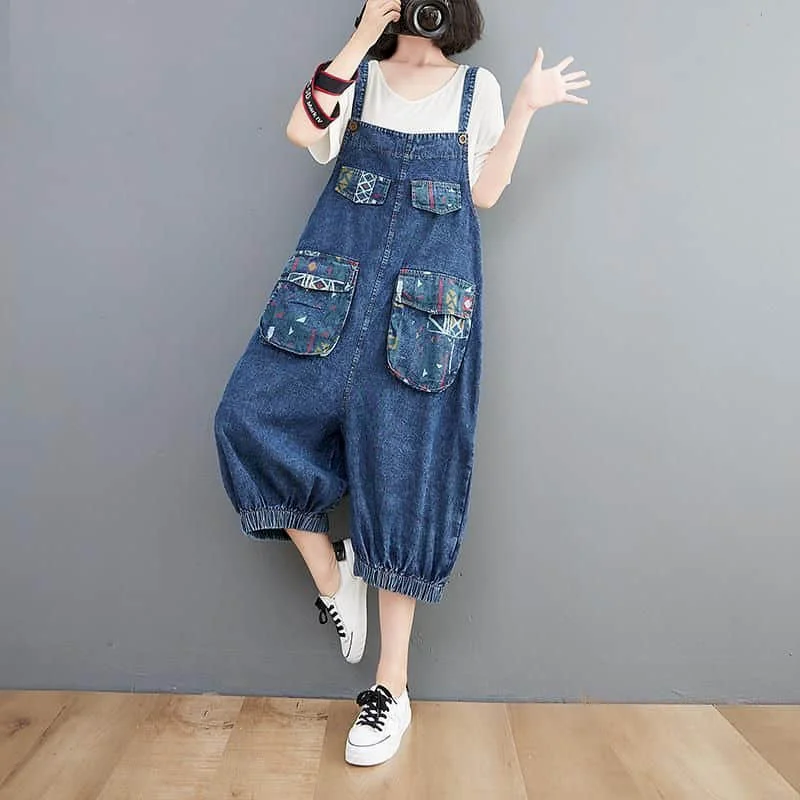 Denim Jumpsuits Women Vintage Korean Style One Piece Outfit Casual Cropped Rompers Printed Lantern Jeans Summer Women Clothing