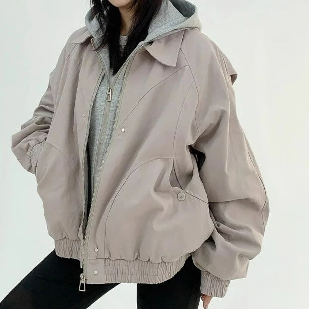 Spring Design Old Fake Two-piece Coat Women's Loose Retro Short Hooded Tooling Jacket