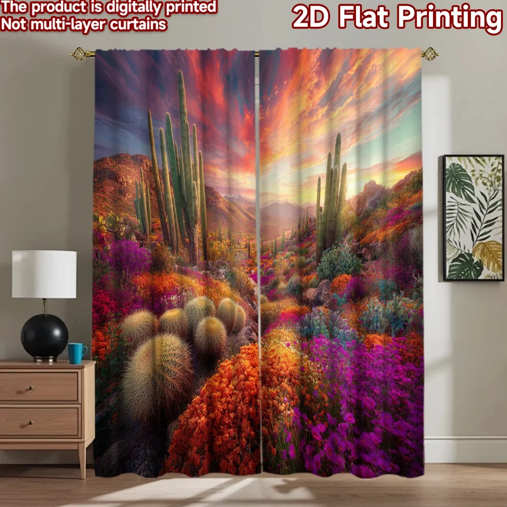 

2D flat printing 2pcs Party Curtain Desert Sunset Cactus Flower Bloom Digital Printed Polyester Drapes Holiday Decorations for