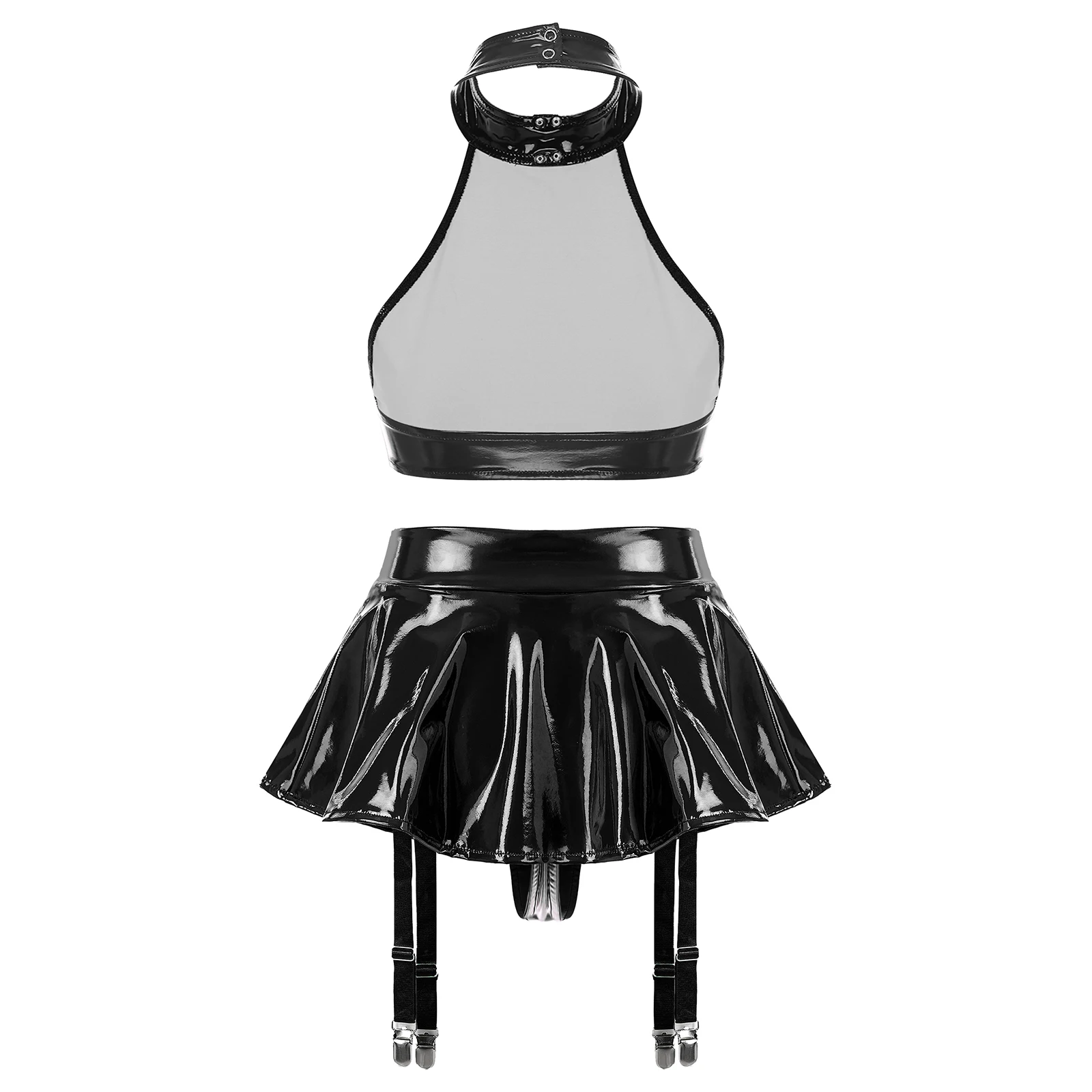 Womens Sexy Lingerie Patent Leather O Ring Halter Crop Top with Ruffle Miniskirt Garter Belts Rave Party Pole Dancing Clubwear