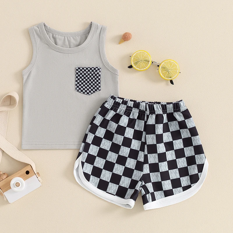 2024-03-13 Lioraitiin 0-3Y Toddler Boys Summer Shorts Sets White Sleeveless Tank Tops and Checkerboard Print Shorts Sets