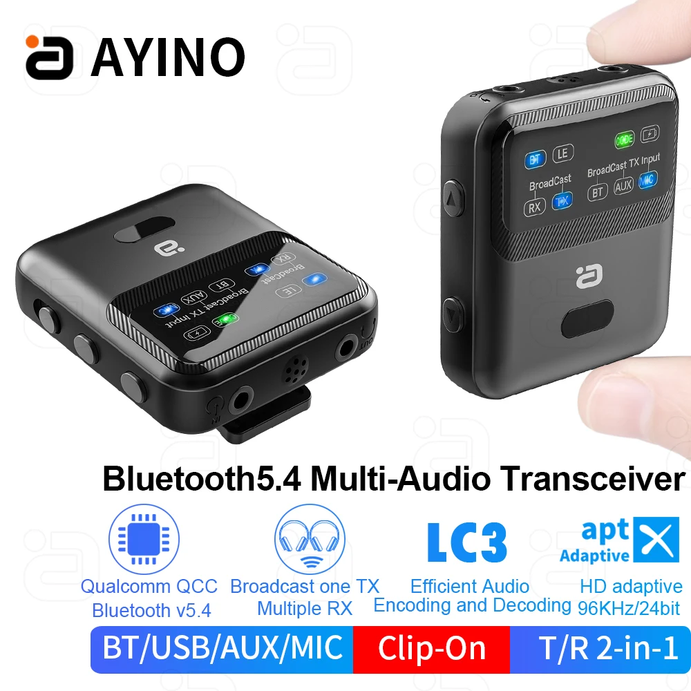 AYINO MR268 جهاز إرسال واستقبال الصوت بلوتوث 5.4 LE Audio، وضع البث، 100+ مشاركة الأجهزة، تصميم مشبك AAC/aptXAD/LC3، USB/AUX