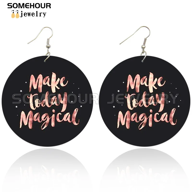 SOMEHOUR Faith Over Fear Print Magical Inspired Wooden Drop Earrings Never Give Up Live Laugh Love Dangle Jewelry For Women Gif